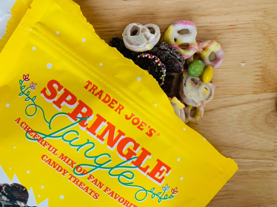 Trader Joe's springle jangle in yellow bag with some spilling out