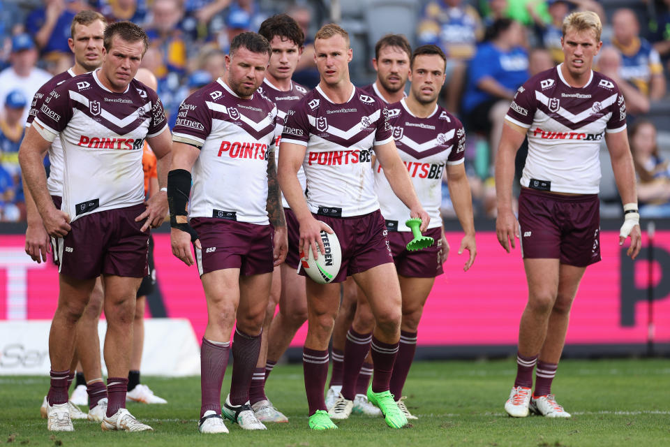 Manly players, pictured here during their loss to Parramatta.