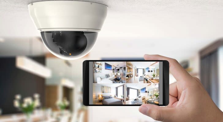 A hand holding a smartphone with various camera angles up against a home security camera.