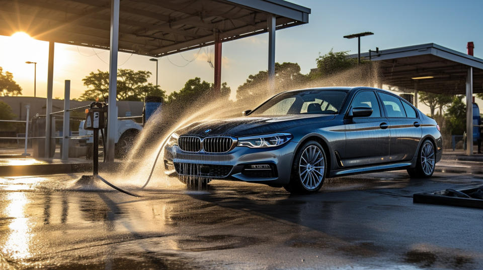 A car being expeditiously washed and cleaned onsite at a car wash service location.