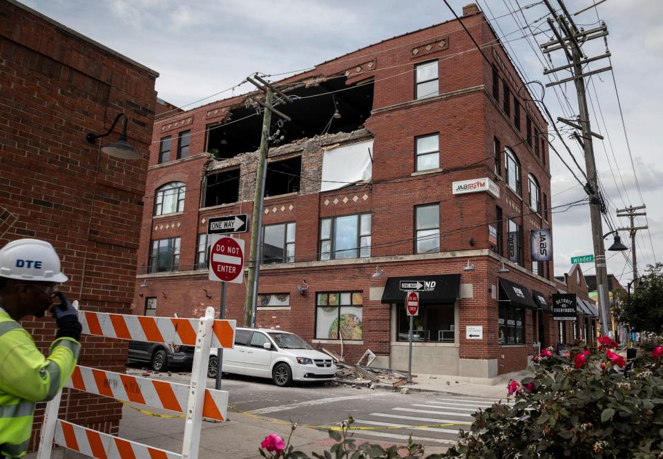 A gaping hole following a partial collapse is seen on the second floor of a building known as the Del Bene building at the corner of Winder and Russell in Detroit, across from Eastern Market on Saturday, Sept. 16, 2023.