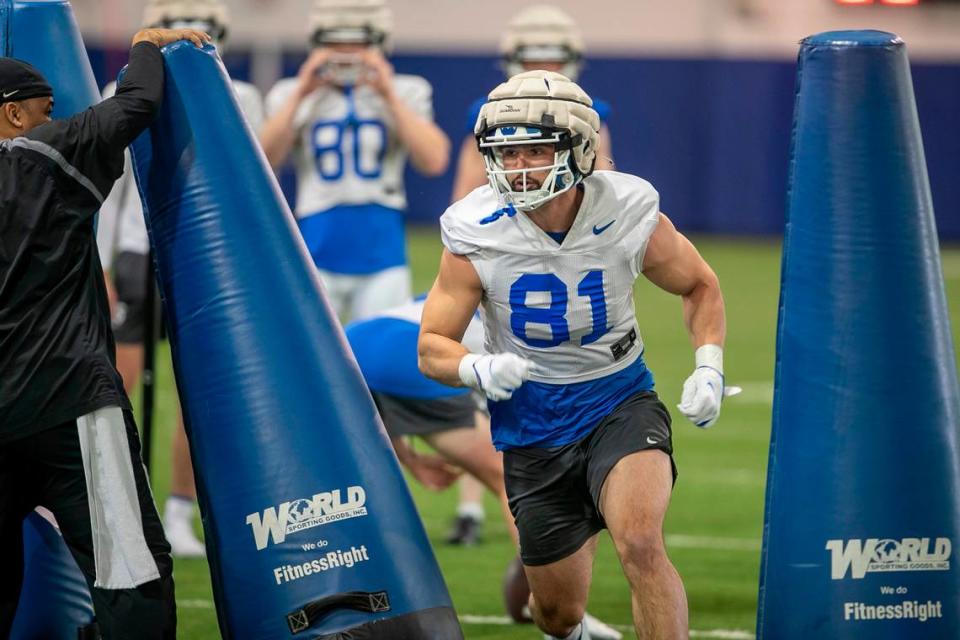 Duke tight end Nicky Dalmolin (81) runs through a drill during the Blue Devils’ spring practice on Friday, March 24, 2023 in Durham, N.C.