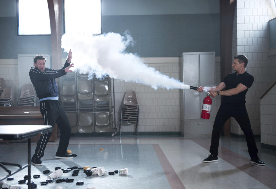 Jon Hamm and Jeremy Renner in a scene from <em>Tag.</em> (Photo: Kyle Kaplan/Warner Bros. via AP)