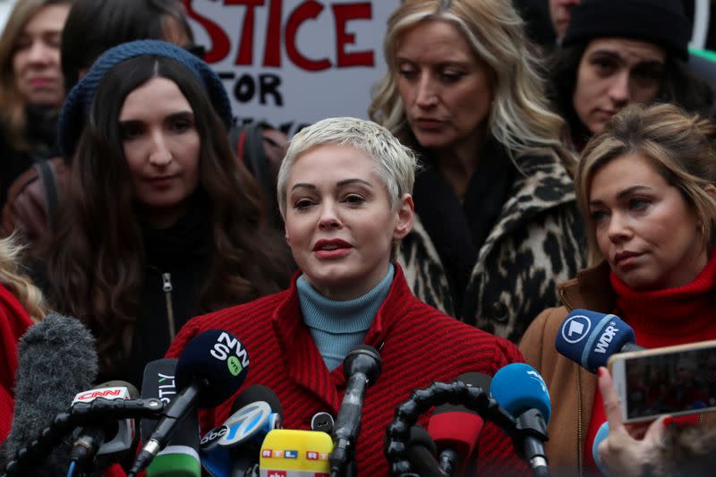 Rose McGowan speaks on the first day of film producer Harvey Weinstein's sexual assault trial in New York City