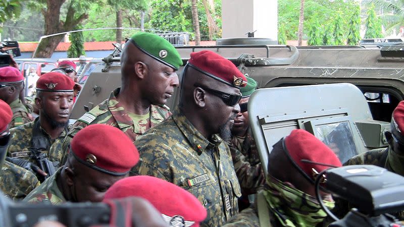 FILE PHOTO: Special forces commander Mamady Doumbouya, who ousted President Alpha Conde, walks out after meeting envoys from the ECOWAS for the Guinea crisis to discuss ways to steer the country back toward constitutional regime, i