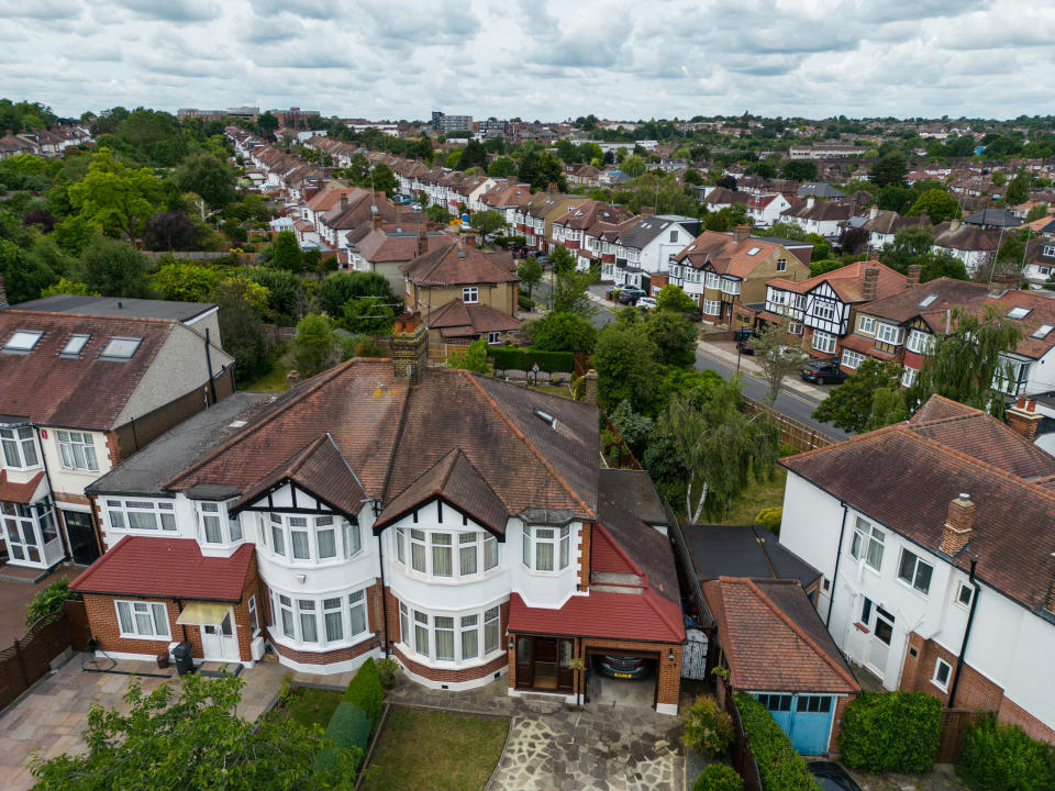 Mortgages ENFIELD, ENGLAND - JUNE 26: An aerial view of residential properties are pictured on June 26, 2023 in Enfield, England. According to data from the Financial Conduct Authority (FCA), borrowers in the London Borough of Enfield have the biggest mortgages relative to their income in the UK. With nearly two thirds borrowing at least four times their household income, leaving them likely to be affected by significant rises in monthly payments as interest rates continue to rise to counter stubborn inflation. (Photo by Carl Court/Getty Images)