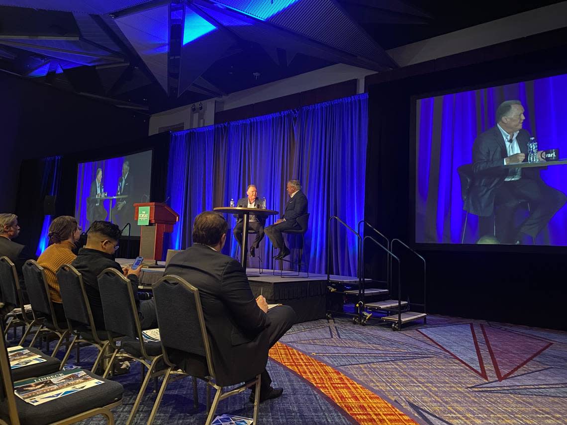 Hillwood president Mike Berry moderated a conversation with Crescent Real Estate owner and private investor John Goff at the Real Estate Council of Greater Fort Worth’s 2023 forecast.