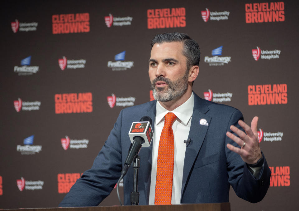 Cleveland Browns new NFL football head coach Kevin Stefanski answers a question during a news conference at FirstEnergy Stadium in Cleveland, Tuesday, Jan. 14, 2020. (AP Photo/Phil Long)