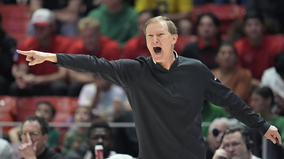 Oregon head coach Dana Altman reacts during the second half of an NCAA college basketball game against Utah, Sunday, Jan. 21, 2024, in Salt Lake City. (AP Photo/Rick Bowmer)