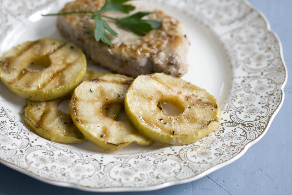 This Sept. 16, 2013 photo taken in Concord, N.H. shows a recipe for grilled maple glazed apple slices.(AP Photo/Matthew Mead)