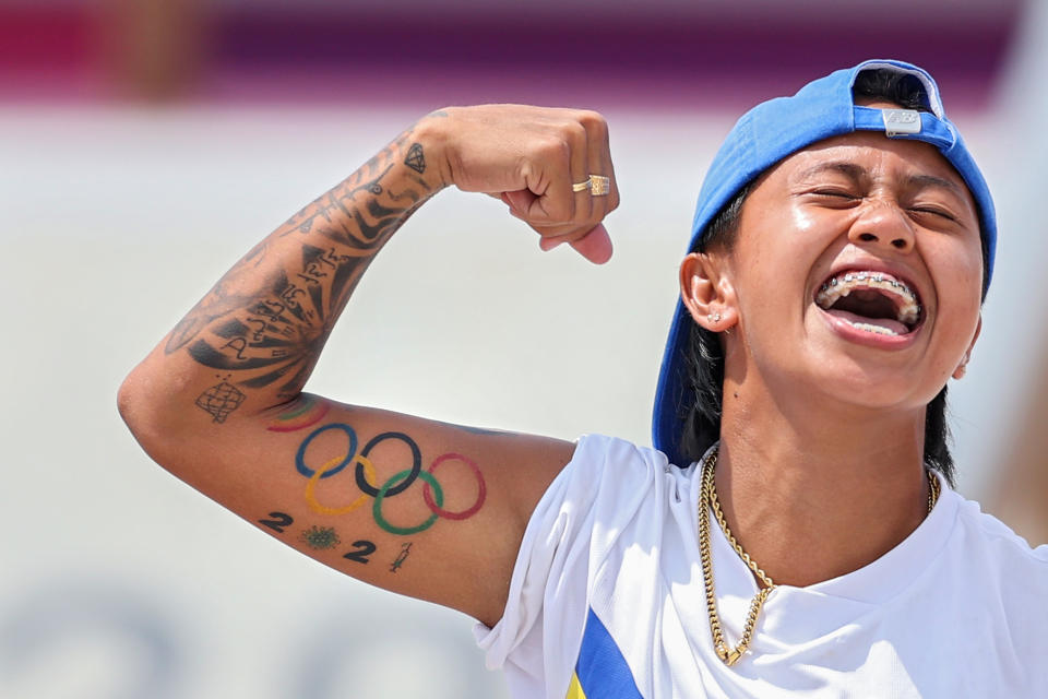 <p>TOKYO, JAPAN --JULY 26: Margielyn Didal of Team Philippines celebrates during the Women's Street Final on day three of the Tokyo 2020 Olympic Games at Ariake Urban Sports Park on July 26, 2021 in Tokyo, Japan. (Photo by Patrick Smith / Getty Images)</p> 