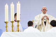 Pope Francis celebrates the Holy Mass at Palexpo hall in Geneva, Switzerland June 21, 2018. Martial Trezzini/Pool via REUTERS