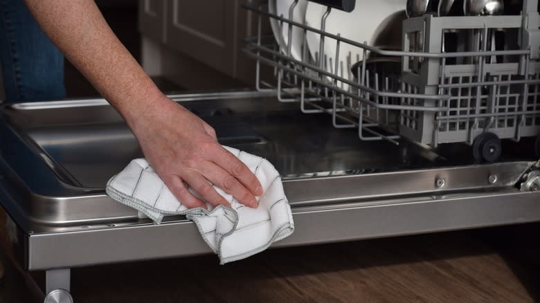 Cleaning a dishwasher door