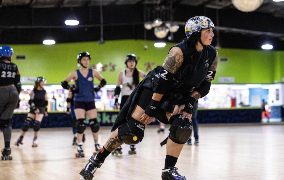 Haley Holland (The Little MerBlade) skates during a cool down at Charlotte Roller Derby practice at Kate’s Skating Rink in Indian Trail, N.C., on Sunday, July 30, 2023.