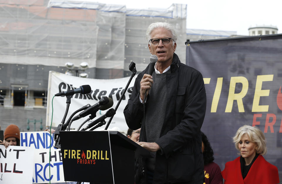 WASHINGTON, DC - OCTOBER 25: Actor Ted Danson speaks during "Fire Drill Friday" Climate Change Protest on October 25, 2019 in Washington, DC .Protesters demand Immediate Action for a Green New Deal. Clean renewable energy by 2030, and no new exploration or drilling for Fossil Fuels.  (Photo by John Lamparski/Getty Images)
