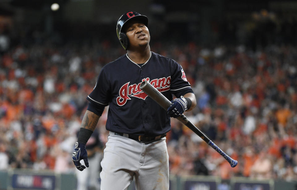 Cleveland Indians' Jose Ramirez reacts after striking out against Houston Astros pitcher Gerrit Cole to end the sixth inning of Game 2 of a baseball American League Division Series, Saturday, Oct. 6, 2018, in Houston. (AP Photo/Eric Christian Smith)