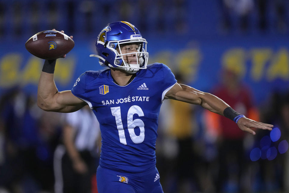 San Jose State quarterback Nick Nash throws a pass against San Diego State during the first half of an NCAA college football game Friday, Oct. 15, 2021, in San Jose, Calif. (AP Photo/Tony Avelar)