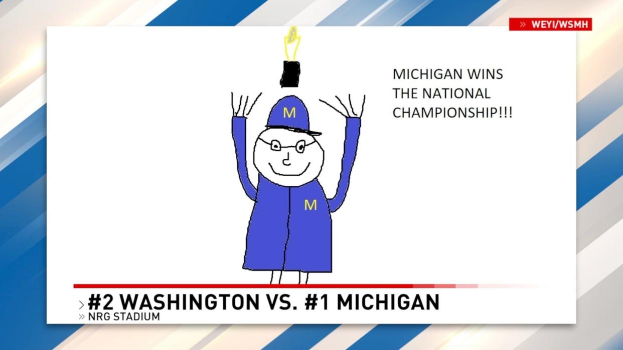 Sam Ali, sports director of Mid-Michigan NOW, drew this Jim Harbaugh image of the University of Michigan coach celebrating its national championship on Monday, Jan. 8, 2024.