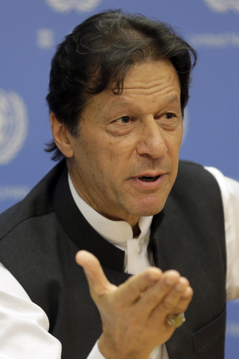 Imran Khan, Prime Minister of Pakistan, speaks to reporters during a news conference at United Nations headquarters Tuesday, Sept. 24, 2019. (AP Photo/Seth Wenig)