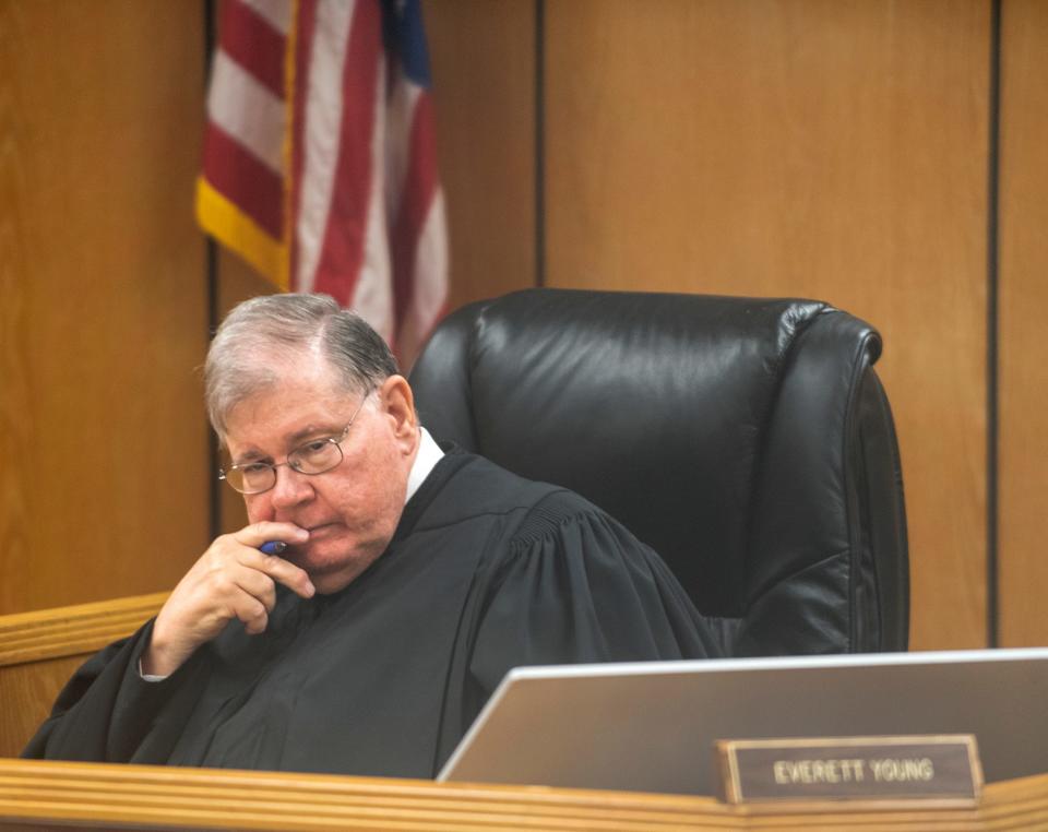 Senior District Judge Everett Young sits on the bench in 89th District Court during a change of venue hearing for the James Irven Staley III murder case Tuesday, May 10, 2022.