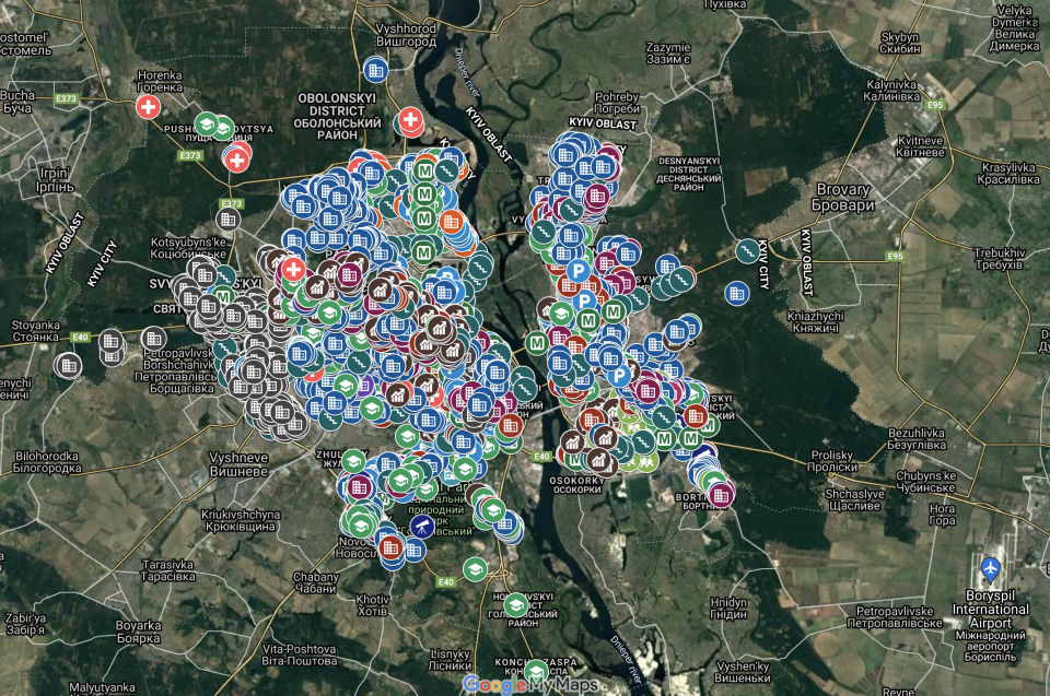 Bomb shelter locations in Kyiv, Ukraine marked on Google Maps as of Jan. 24, 2022.