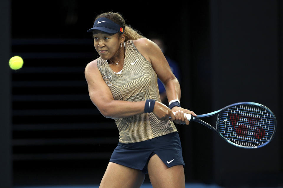 Naomi Osaka of Japan plays a backhand during their singles match against Maryna Zanevska of Belgium at Summer Set tennis tournament ahead of the Australian Open in Melbourne, Australia, Thursday, Jan. 6, 2022. (AP Photo/Hamish Blair)