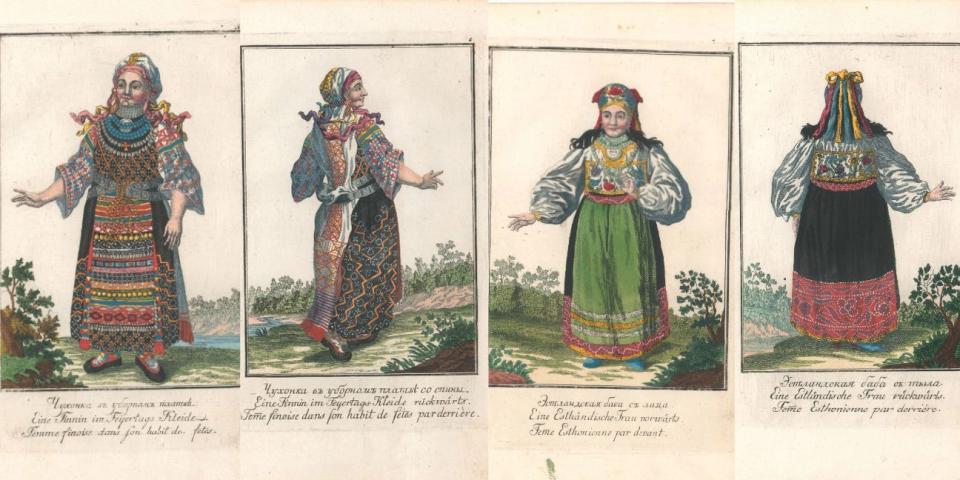 Images from "A Description of All the Nationalities That Inhabit the Russian State," an ethnographic survey of the different nationalities living within the Russian Empire at the end of the 18th century. The book is inscribed to Catherine the Great. In these images, "A Finn in a holiday dress" and "an Estonian woman."