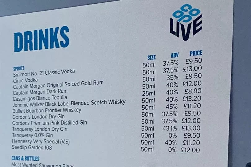 Drinks prices at the Canal Side bar at Co-op Live -Credit:MEN