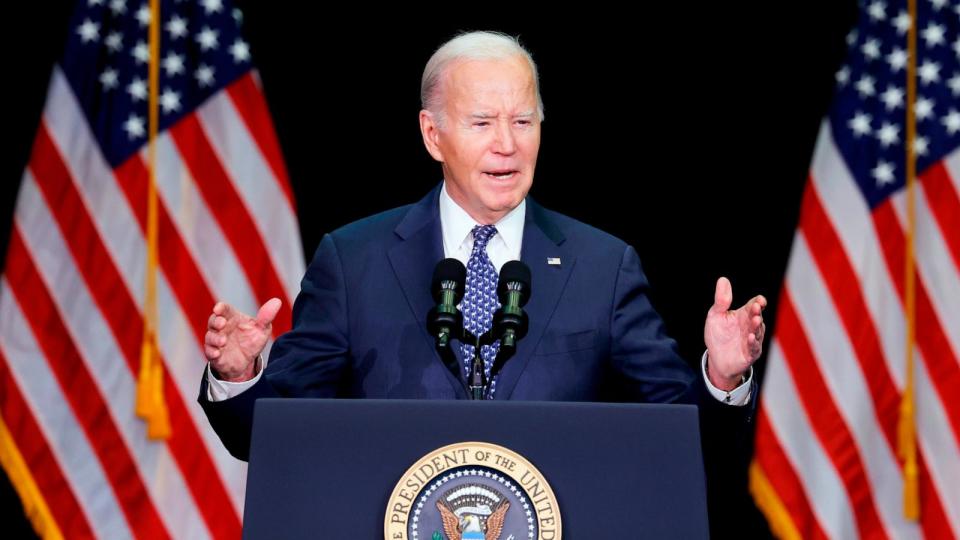 PHOTO: President Joe Biden speaks during the annual House Democrats 2024 Issues Conference, on Feb. 8, 2024, in Leesburg, Virginia.  (Anna Moneymaker/Getty Images)