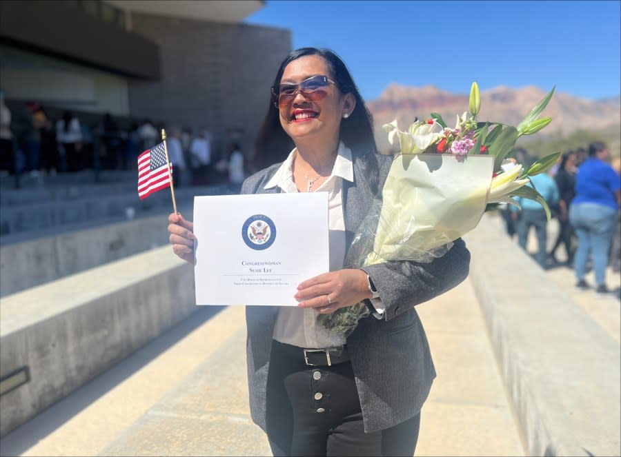 61 people from 20 different countries celebrated U.S. citizenship at Red Rock Canyon Saturday morning. (KLAS/Lauren Negrete)