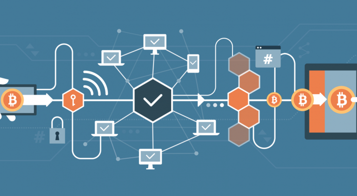 An image of the blockchain, distributing digital crypto from a phone through the web to another tablet