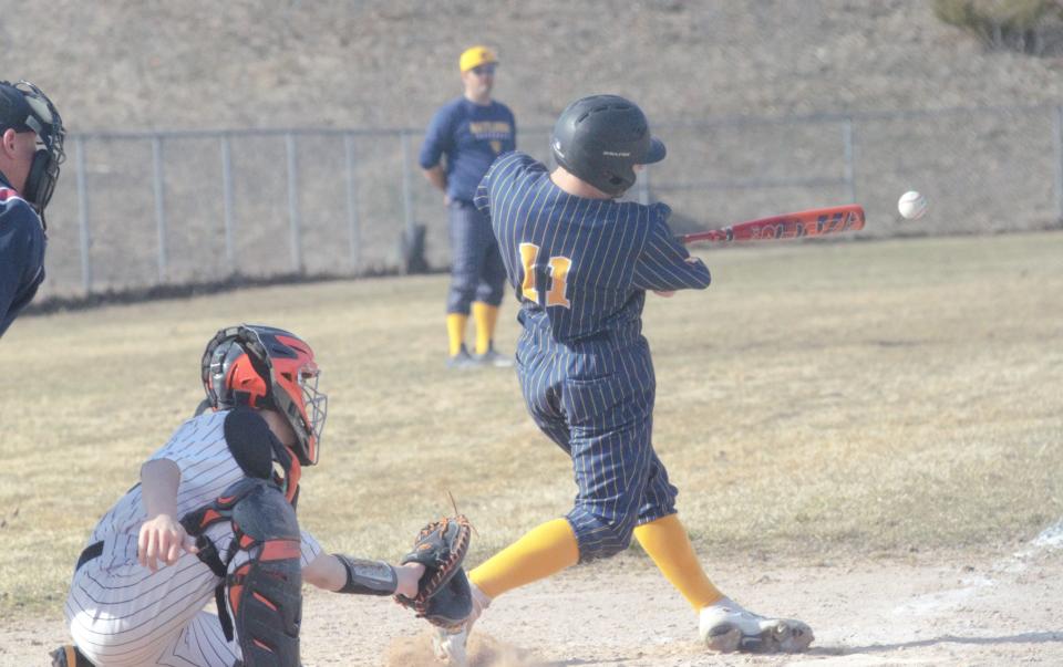 Louden Stradling connects with a pitch during a baseball matchup between Gaylord and Rudyard on Tuesday, April 11.