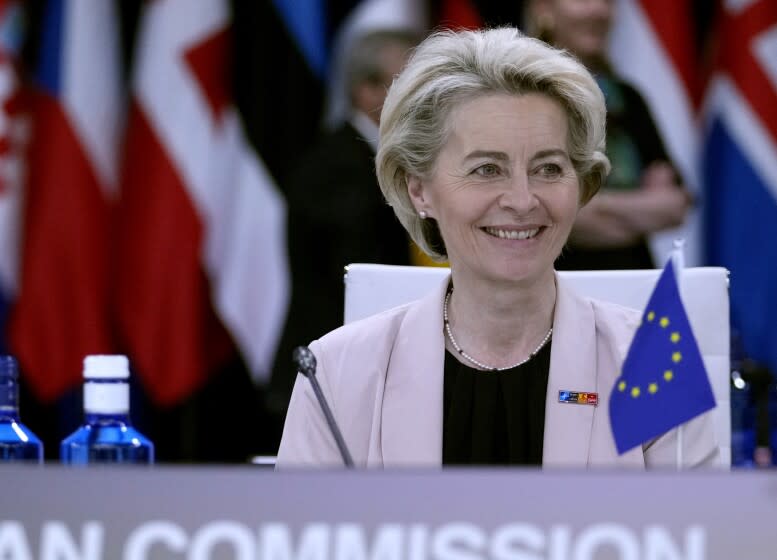 FILE - European Commission President Ursula von der Leyen waits for the start of a round table meeting at a NATO summit in Madrid, Spain on Wednesday, June 29, 2022. The EU's executive arm pledged an emergency plan this month to help member countries do without Russian energy amid the Kremlin's war in Ukraine. Von der Leyen said on Friday, July 1, 2022 the initiative would build on EU moves to ditch Russian coal, oil and natural gas and would complement a bloc-wide push to accelerate the development of renewable energy such as wind and solar power. (AP Photo/Bernat Armangue, File)