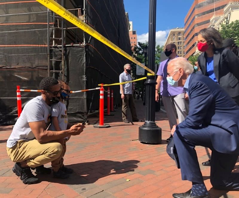 Democratic U.S. presidential candidate and former U.S. Vice President Joe Biden visits a site of the protest over the death of George Floyd in Minneapolis police custody, in Wilmington, Delaware in this social media image courtesy of Biden's campaign