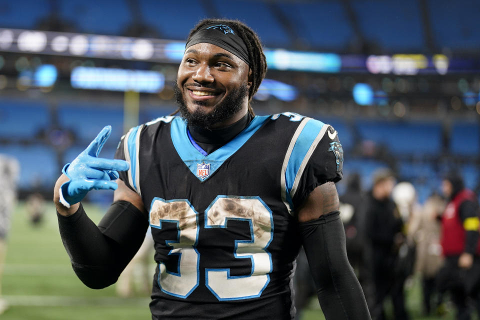 Carolina Panthers running back D'Onta Foreman smiles after their win against the Atlanta Falcons in an NFL football game on Thursday, Nov. 10, 2022, in Charlotte, N.C. (AP Photo/Jacob Kupferman)