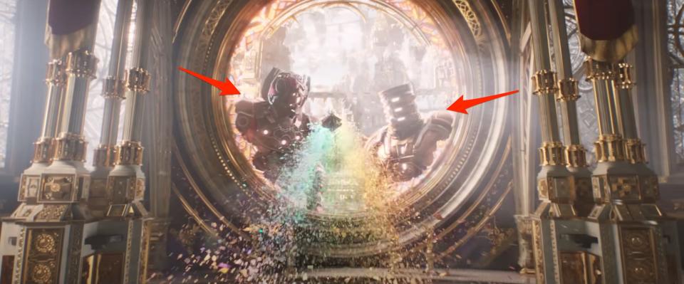 Red arrows pointing to Celestials seen in a window in "Thor: Love and Thunder."