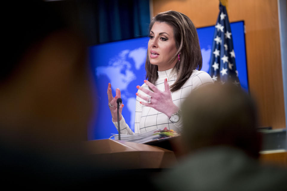 State Department spokesperson Morgan Ortagus speaks at a news conference at the State Department in Washington, Monday, June 17, 2019. (AP Photo/Andrew Harnik)