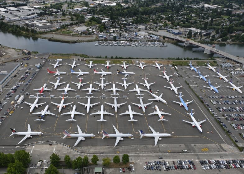 SEATTLE, WA - JUNE 27: Boeing 737 MAX airplanes are stored on employee parking lots near Boeing Field, on June 27, 2019 in Seattle, Washington. After a pair of crashes, the 737 MAX has been grounded by the FAA and other aviation agencies since March, 13, 2019. (Photo by Stephen Brashear/Getty Images) ** OUTS - ELSENT, FPG, CM - OUTS * NM, PH, VA if sourced by CT, LA or MoD **