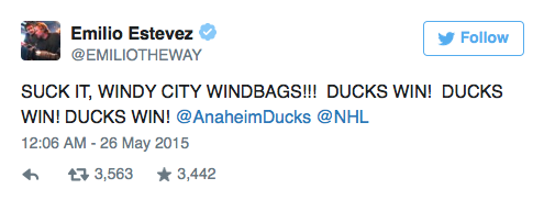 Emilio Estevez supports real Ducks, tweets Suck it, Windy City
