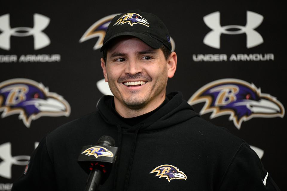 Baltimore Ravens defensive coordinator Mike Macdonald talks to the media during an NFL football media availability, Thursday, Jan. 25, 2024, in Owings Mills, Md. (AP Photo/Nick Wass) ORG XMIT: MDNW10