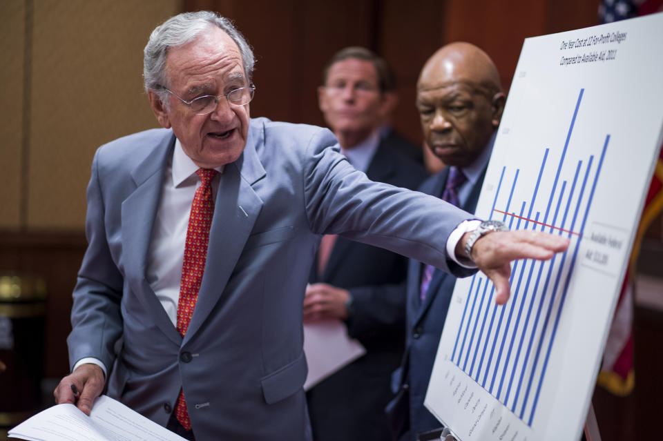 UNITED STATES - JULY 30: From left, Sen. Tom Harkin, D-Iowa, Sen. Richard Blumenthal, D-Conn., and Rep. Elijah Cummings, D-Md., hold a news conference in the Capitol Visitor Center to unveil a report on the for-profit college industry on Monday, July 30, 2012. (Photo By Bill Clark/CQ Roll Call)