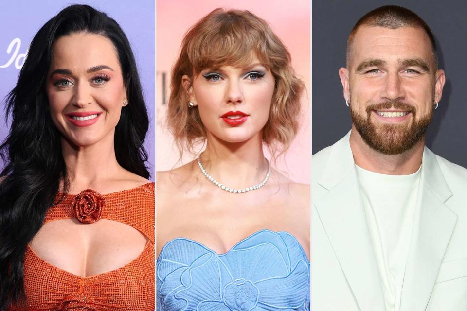 <p>Stewart Cook/ABC via Getty, Matt Winkelmeyer/Getty, JC Olivera/Getty</p> Katy Perry; Taylor Swift; Travis Kelce