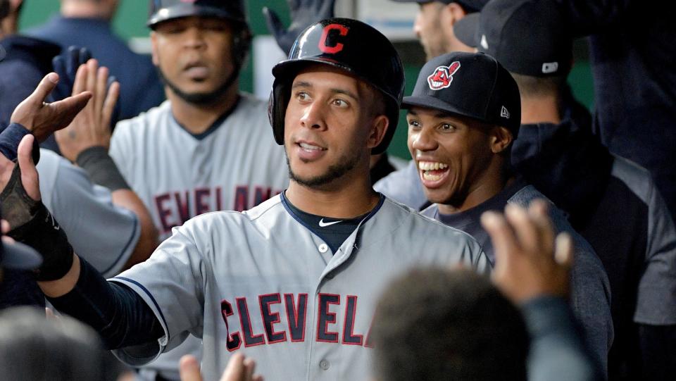 Sep 29, 2018; Kansas City, MO, USA; Cleveland Indians left fielder Michael Brantley (23) celebrates in the dugout after scoring in the first inning against the Kansas City Royals at Kauffman Stadium. Mandatory Credit: Denny Medley-USA TODAY Sports
