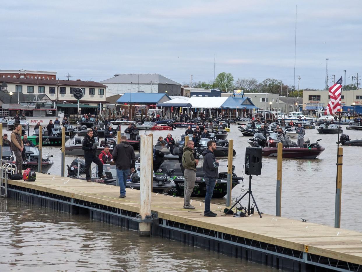 Boats are lined up for competition in the 2024 National Walleye Tour in Port Clinton.