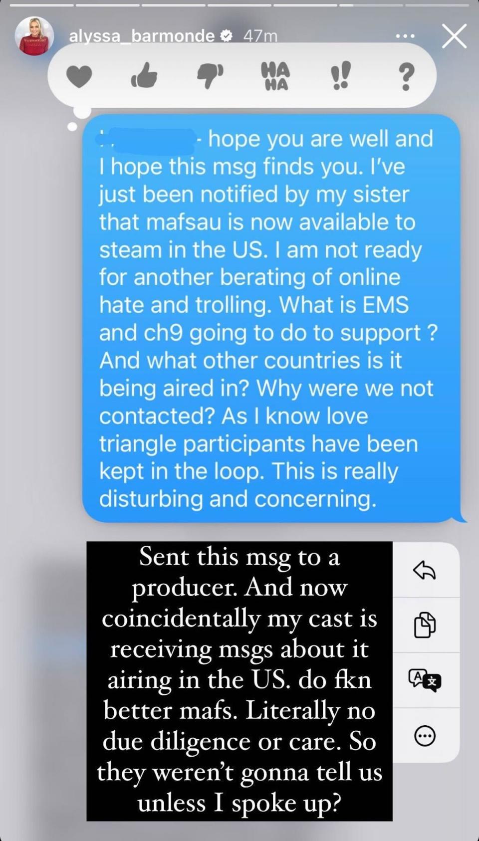 Alyssa Barmonde's text to a MAFS producer 