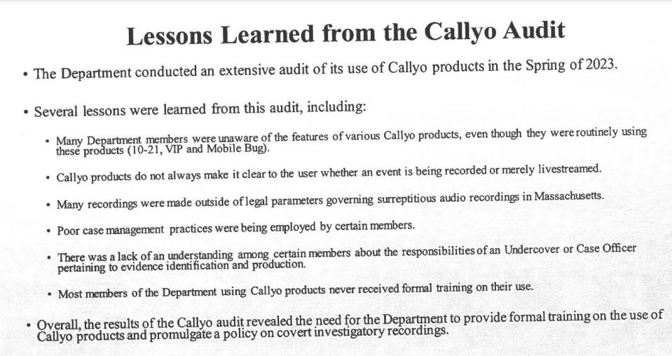 A training document obtained by the T&G highlights "lessons learned" from the state police investigation of troopers' use of Callyo, an app that allows people to use smartphones as recording devices.