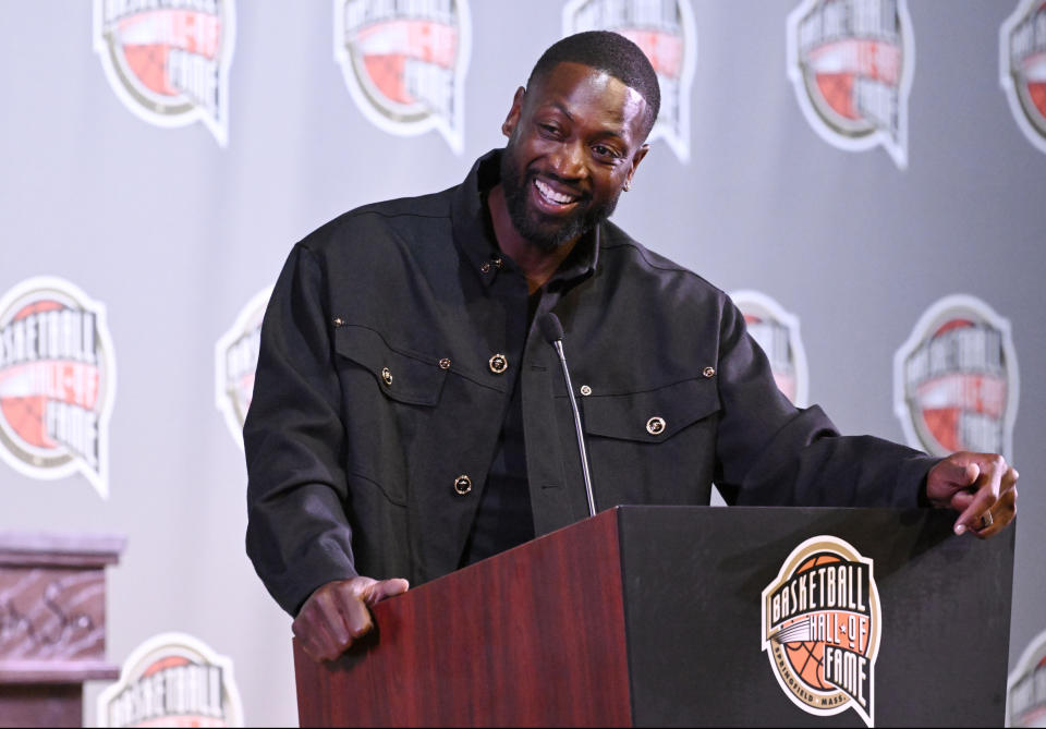 Basketball Hall of Fame Class of 2023 inductee Dwyane Wade speaks at an NBA news conference at Mohegan Sun, Friday, Aug. 11, 2023, in Uncasville, Conn. (AP Photo/Jessica Hill)