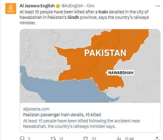巴基斯坦南部發生火車出軌意外，至少15人在意外事件中喪生、另有40人受傷。（圖／翻攝自推特） 