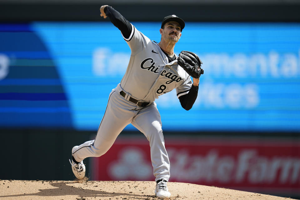 Chicago White Sox starting pitcher Dylan Cease delivers during the first inning of a baseball game against the Minnesota Twins, Monday, April 10, 2023, in Minneapolis. (AP Photo/Abbie Parr)