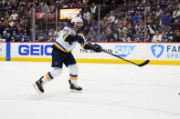 St. Louis Blues left wing Brandon Saad (20) scores an empty-net goal against the Colorado Avalanche during the third period in Game 2 of an NHL hockey Stanley Cup second-round playoff series Thursday, May 19, 2022, in Denver. The Blues won 4-1. (AP Photo/Jack Dempsey)